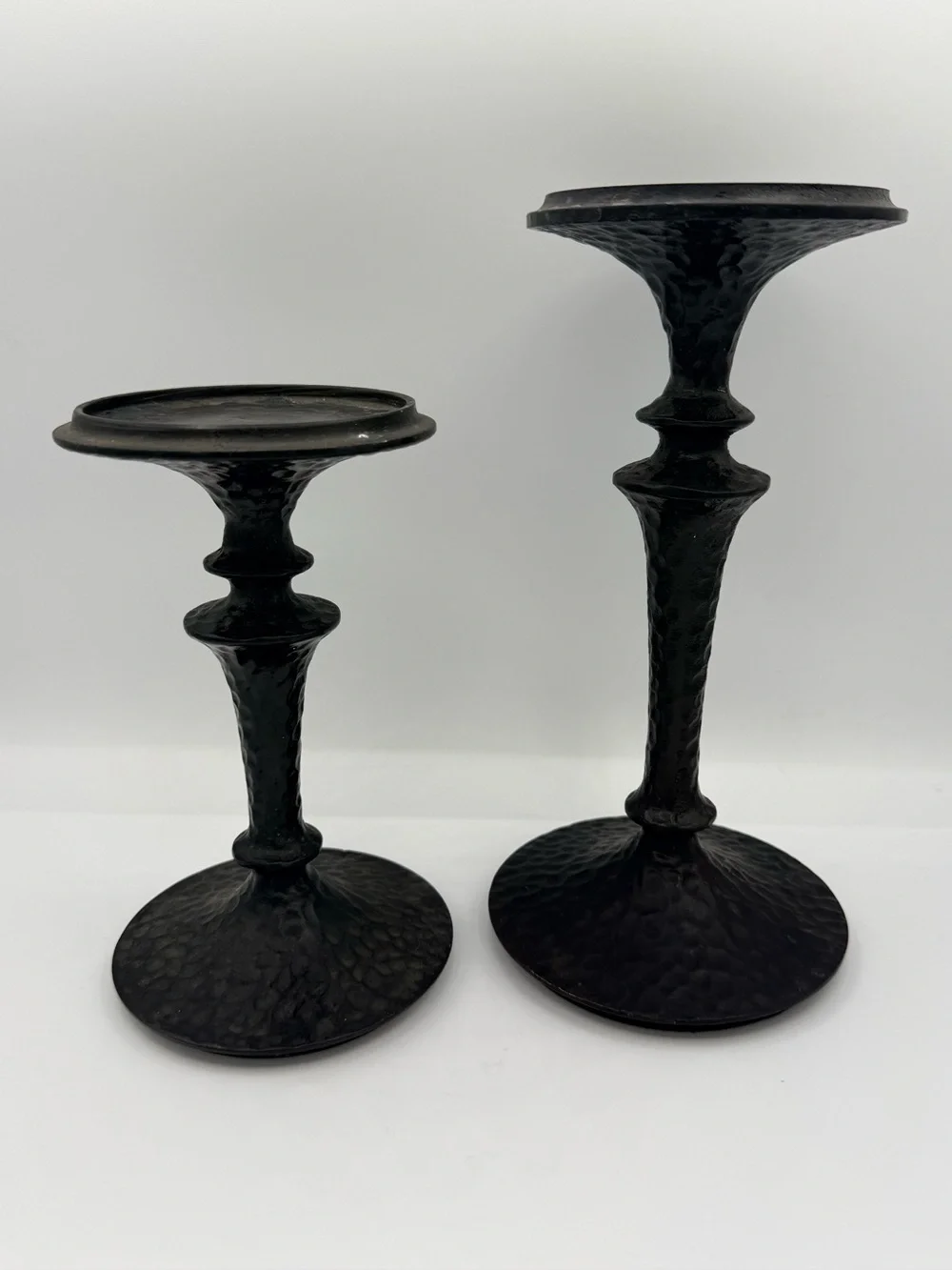 Pottery Barn Black Hammered Metal Pedestal Candle Holders, Set of 2